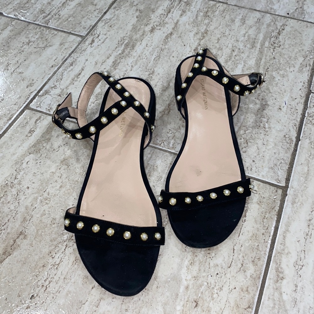 Stuart Weitzman pearl black suede sandals